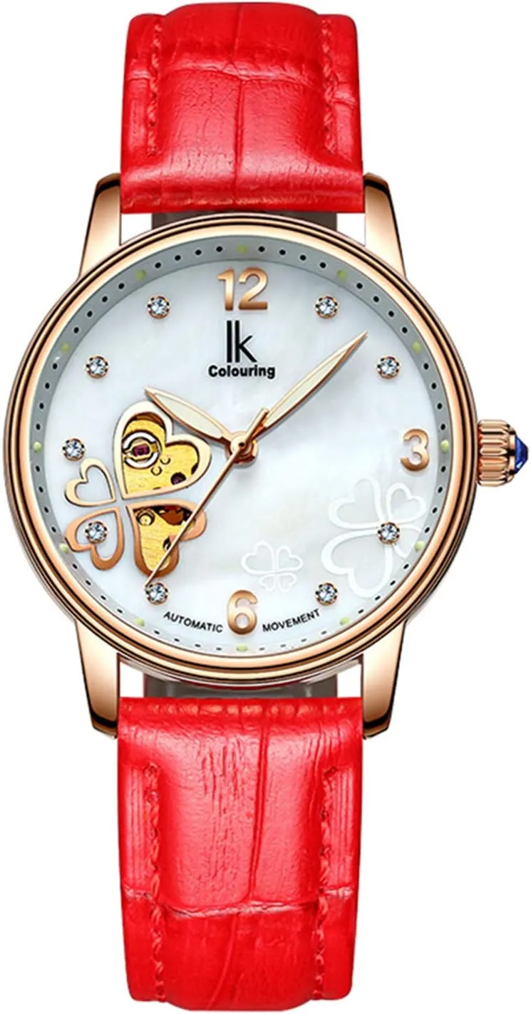 Clover (Red) MASTOP Women's Skeleton Automatic Mechanical Rhinestones Leather Waterproof Watch Shell university unverified kestrel innovation sumptuous various Dial Four Leaf 