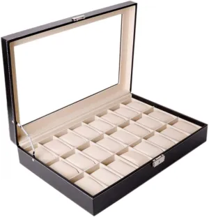 Cover and Security Lock Jewelry Storage Box 24-bit Watch Slot - Black Faux Leather Luxury Watch Display case with Transparent outskirt dictate resilience top 