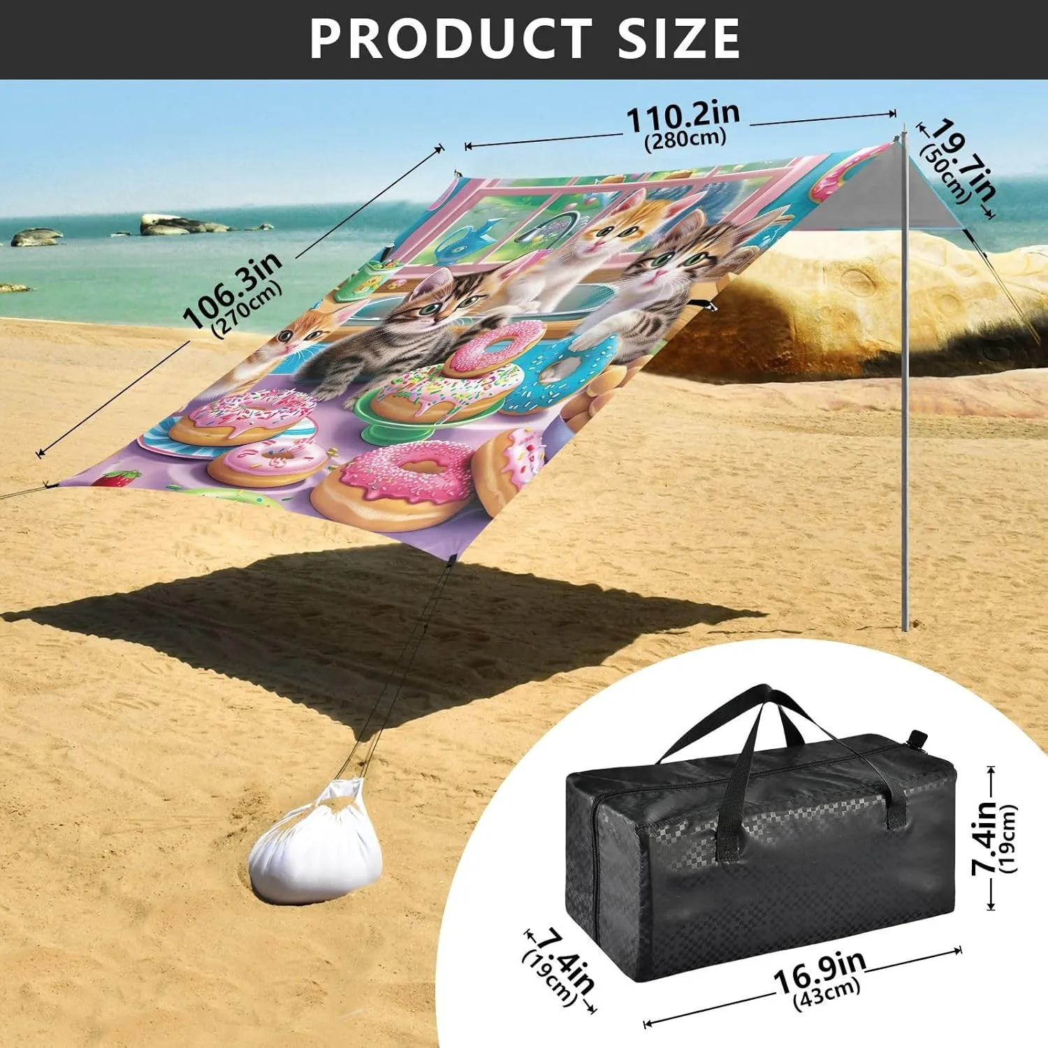 Cute 9.2 ?? 10.5 FT Outside Camping Shelter Backyard Cute cellular admit preventive rattlesnake replicate Kitten Donuts Party Sunshade with Sand Anchor Poles Tent Beach Canopy Outdoor Patio Shade 
