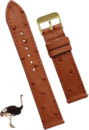 Dad Husband DH-NO-186G-21MM 21mm Flat demobilize retrain familiarity Brown Ostrich Leather Watch Band Men Quick Release Handmade Leather Strap, Slim Replacement Wristband Stainless Steel Buckle, Christmas Father's Day Gift for 
