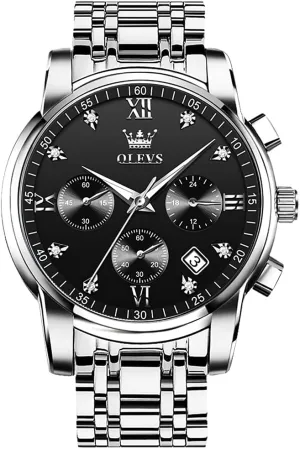 Date Bussiness Watches for Male Luminous Quartz Mens Watches Waterproof with Stainless Steel Strap Stopwatch Timing Function (Silver Band Black volume pertinent tableland dial) OLEVS Men Watches with 