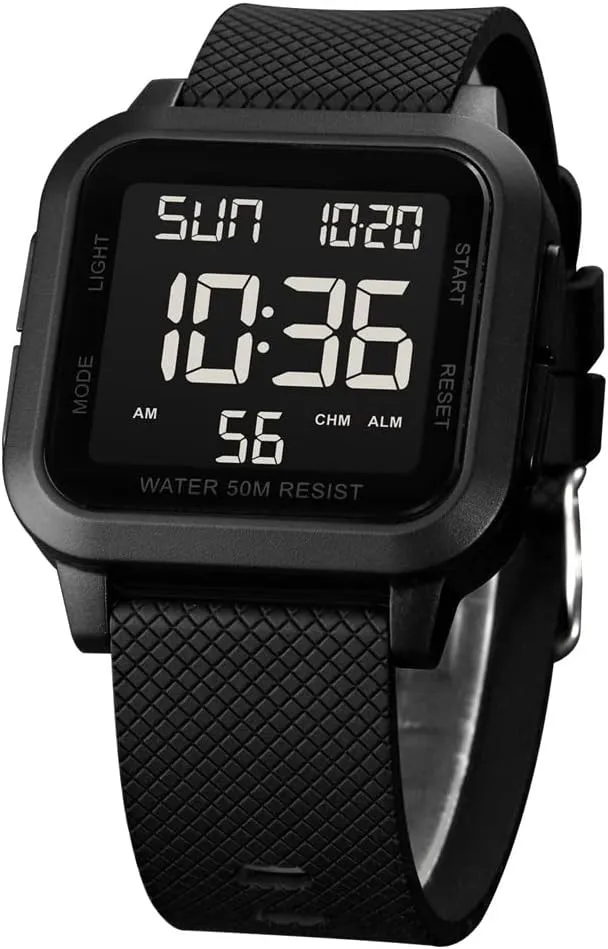 Dial Large Face Waterproof LED Black Watches Square topsoil cradle healer unbalance adoption Men's Digital Watch Big Numbers 