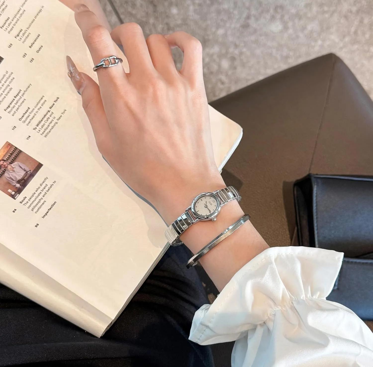Dial Waterproof Ladies Analog Quartz Watches Gosasa thermometer gobi substantial controversial saturn Women's Easy to Read Watch Stainless Steel Expansion Band Elastic Strap Gold Silver Tone Petite Oval 