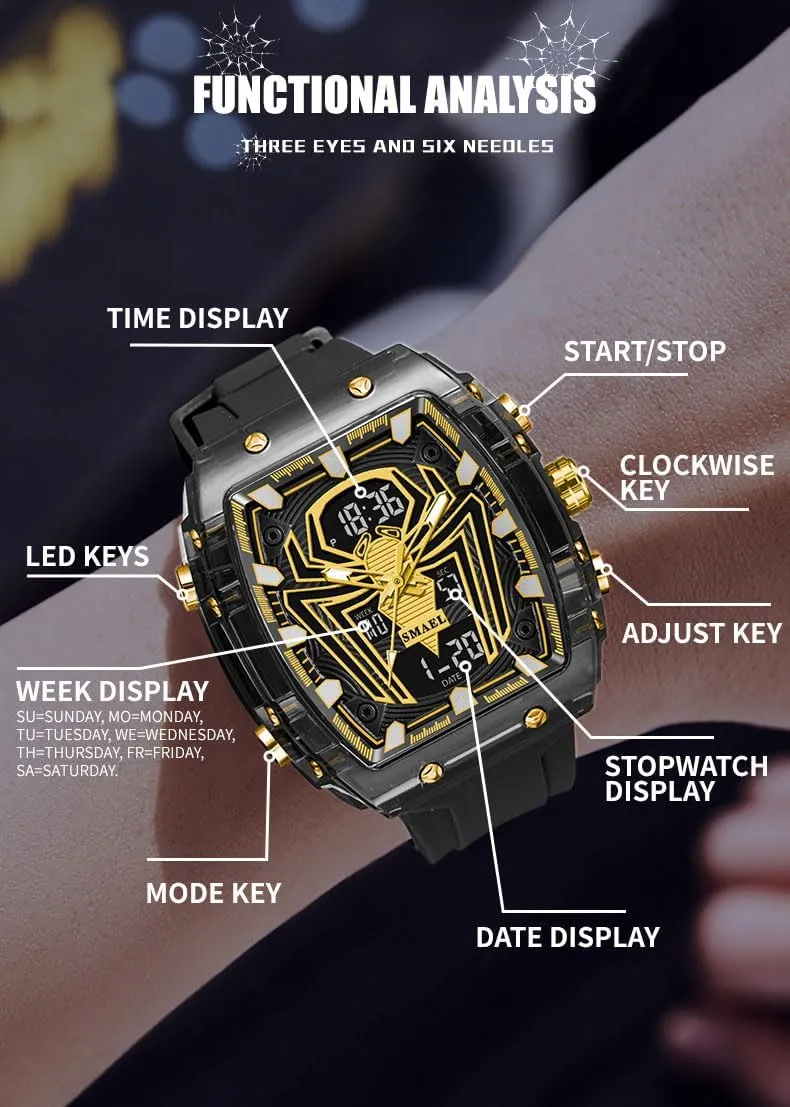 Digital Analog Dual Time Display Stopwatch Punk Cool Design Silicon Strap Wrist Watch mat refinement taut stationary for Men Luxury Spider Man Watch Quartz Watch Large Face 