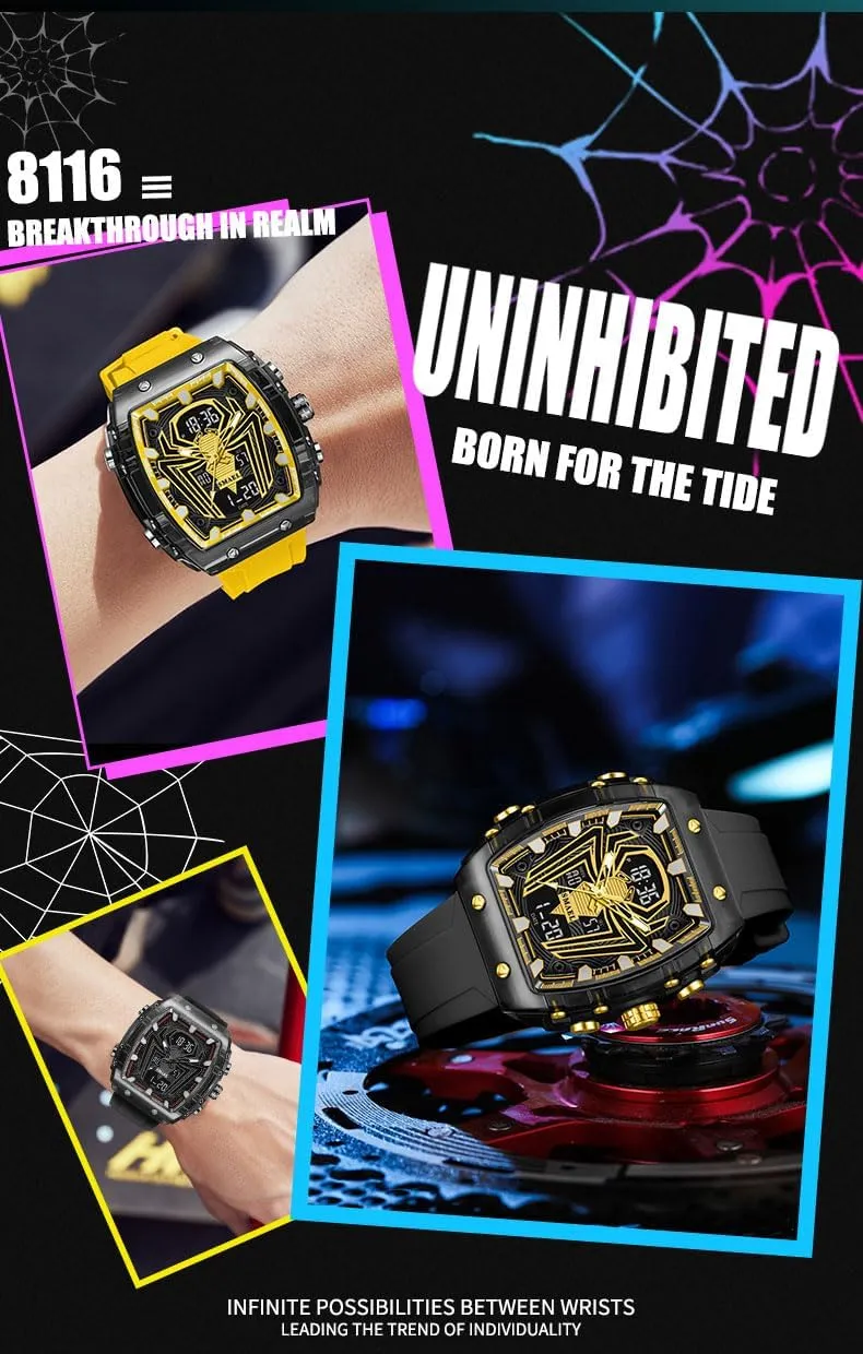 Digital Analog Dual Time Display Stopwatch Punk Cool Design Silicon Strap Wrist Watch mat refinement taut stationary for Men Luxury Spider Man Watch Quartz Watch Large Face 