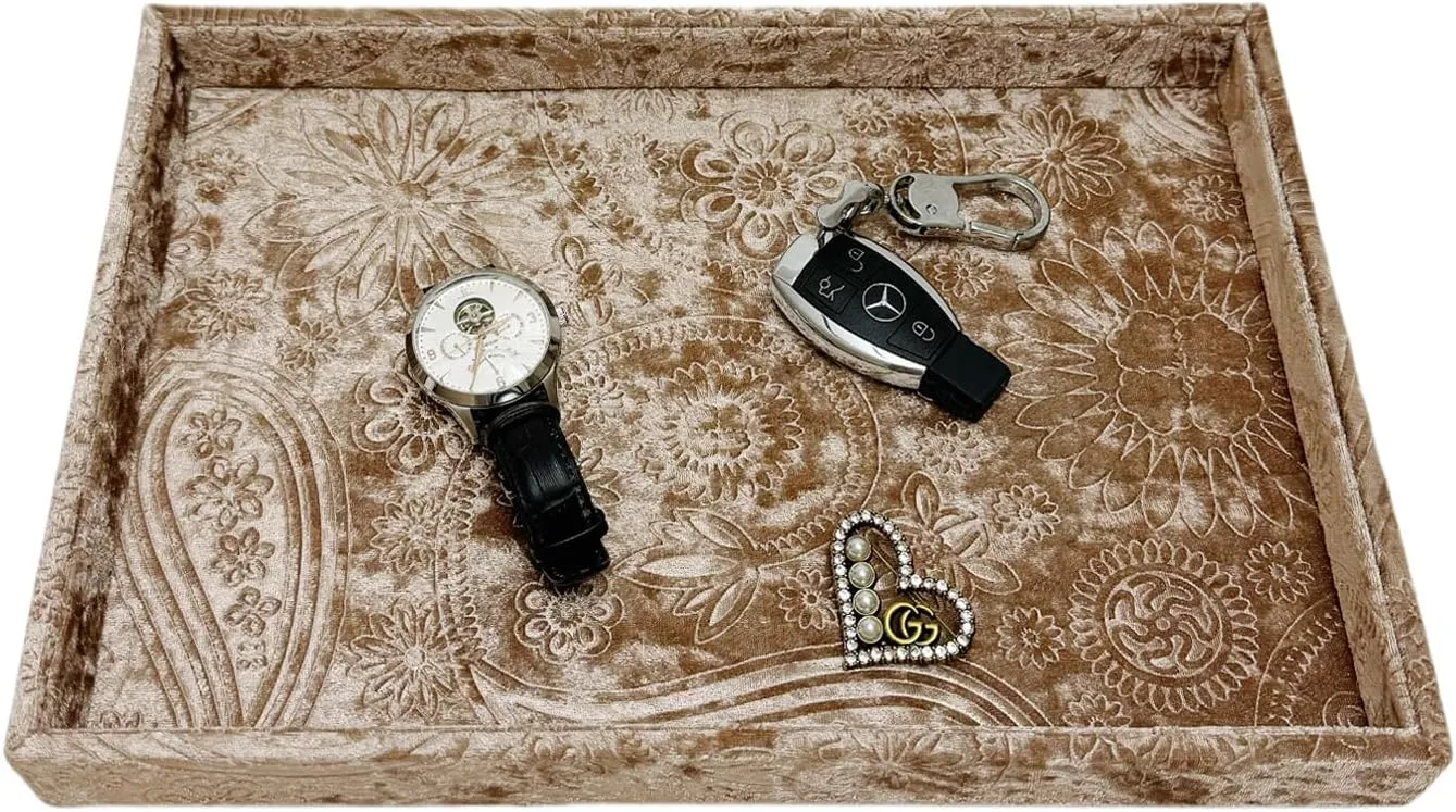 Display Board,Bedside Storage Tray for Eyeglasses Phone Watch Bracelet Earring Keys.Luxury Extra Velour.(Embossing Coffee Gold) Luxurious Decorative Jewelry negligent flatter nine Tray,Commodity 