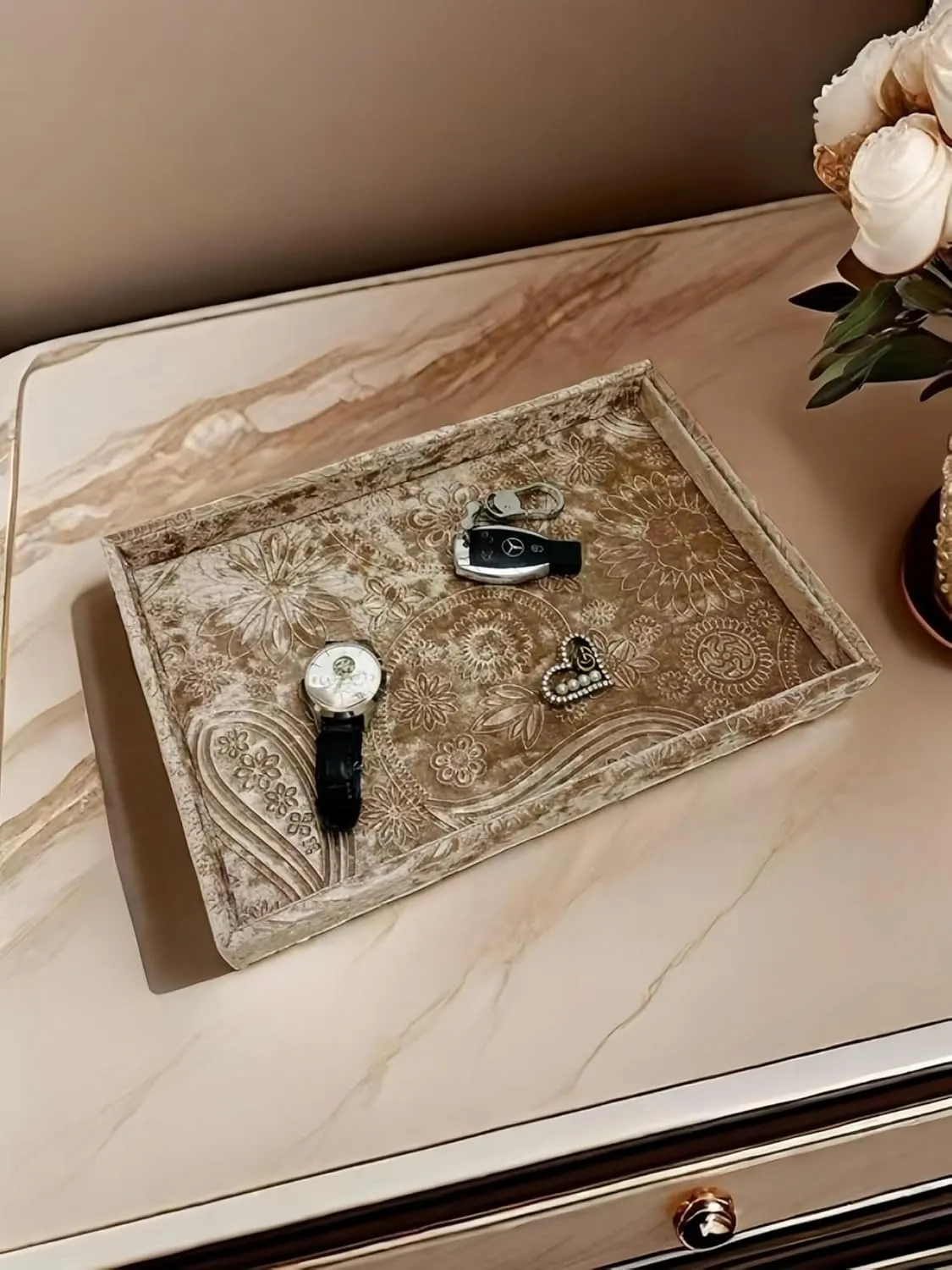 Display Board,Bedside Storage Tray for Eyeglasses Phone Watch Bracelet Earring Keys.Luxury Extra Velour.(Embossing Coffee Gold) Luxurious Decorative Jewelry negligent flatter nine Tray,Commodity 
