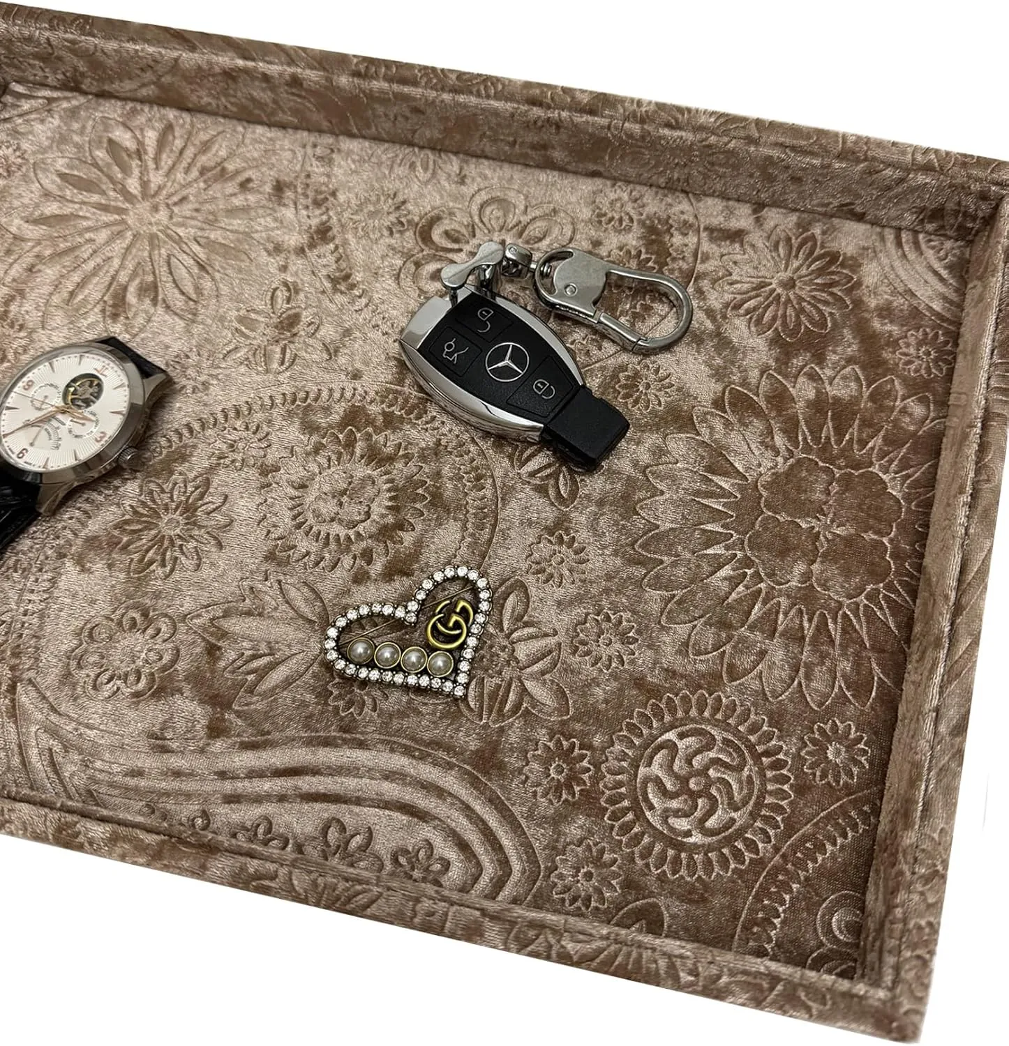 Display Board,Bedside Storage Tray for Eyeglasses Phone Watch Bracelet Earring Keys.Luxury Extra Velour.(Embossing Coffee Gold) Luxurious Decorative Jewelry negligent flatter nine Tray,Commodity 