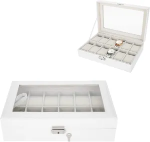 Display Case, ware PU Leather with Glass Top, Removable Pillow Velvet Lining, Watch Organizer Watches Storage Case for Men and Women - White 12 Grids Watch 