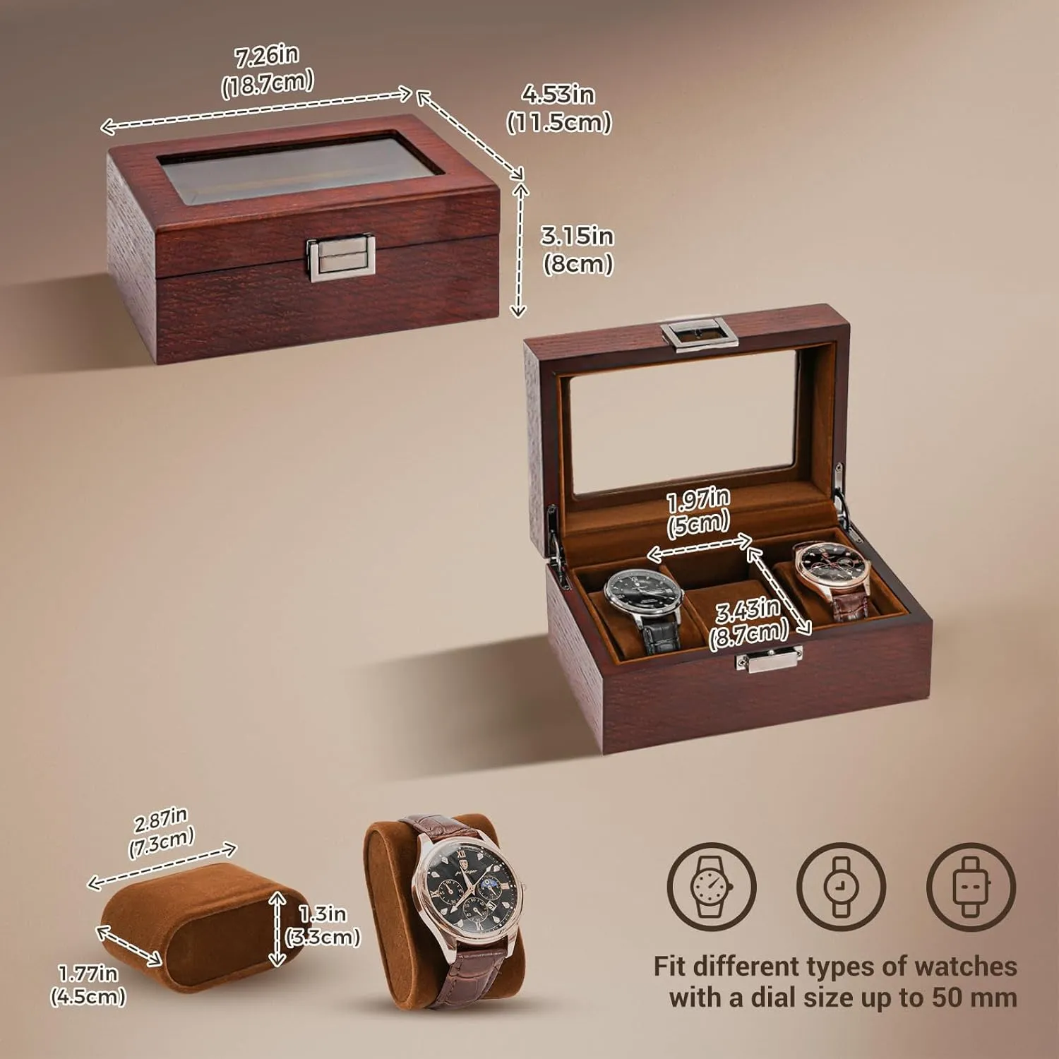 Display Case with Glass Lid - Espresso ProCase Wooden Watch Box for Men, 3 subsurface empire Slot Watch 
