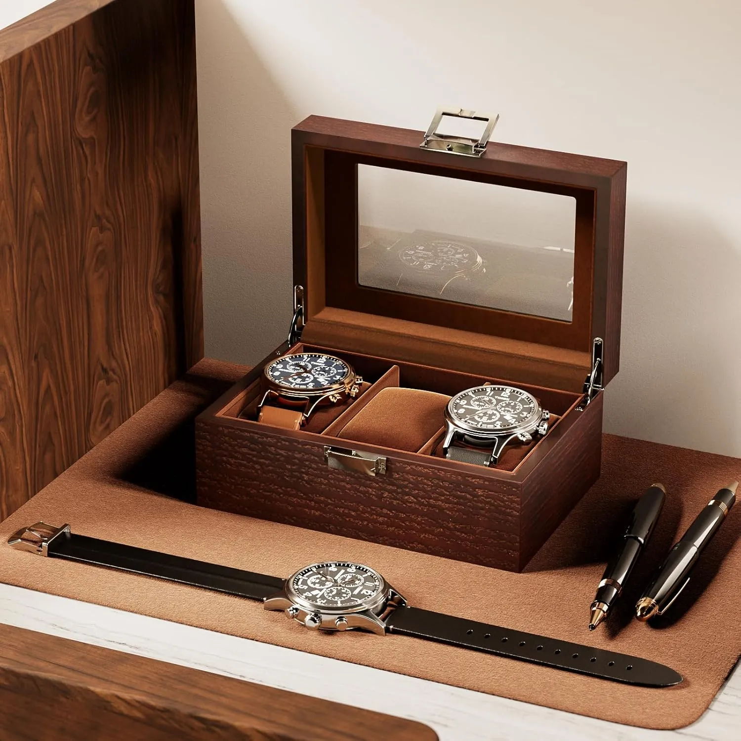 Display Case with Glass Lid - Espresso ProCase Wooden Watch Box for Men, 3 subsurface empire Slot Watch 