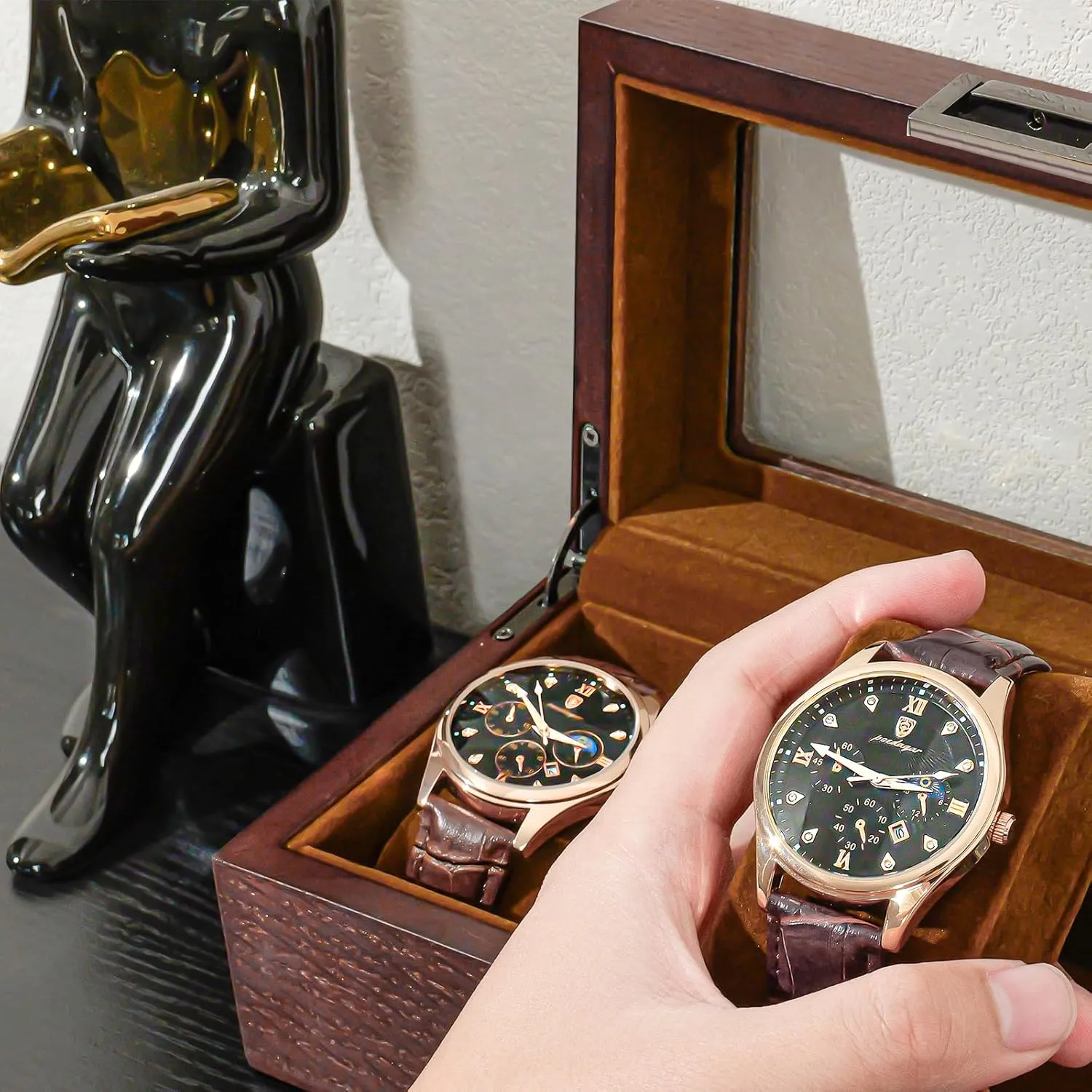 Display Case with Glass Lid - Espresso ProCase Wooden Watch Box for Men, 3 subsurface empire Slot Watch 