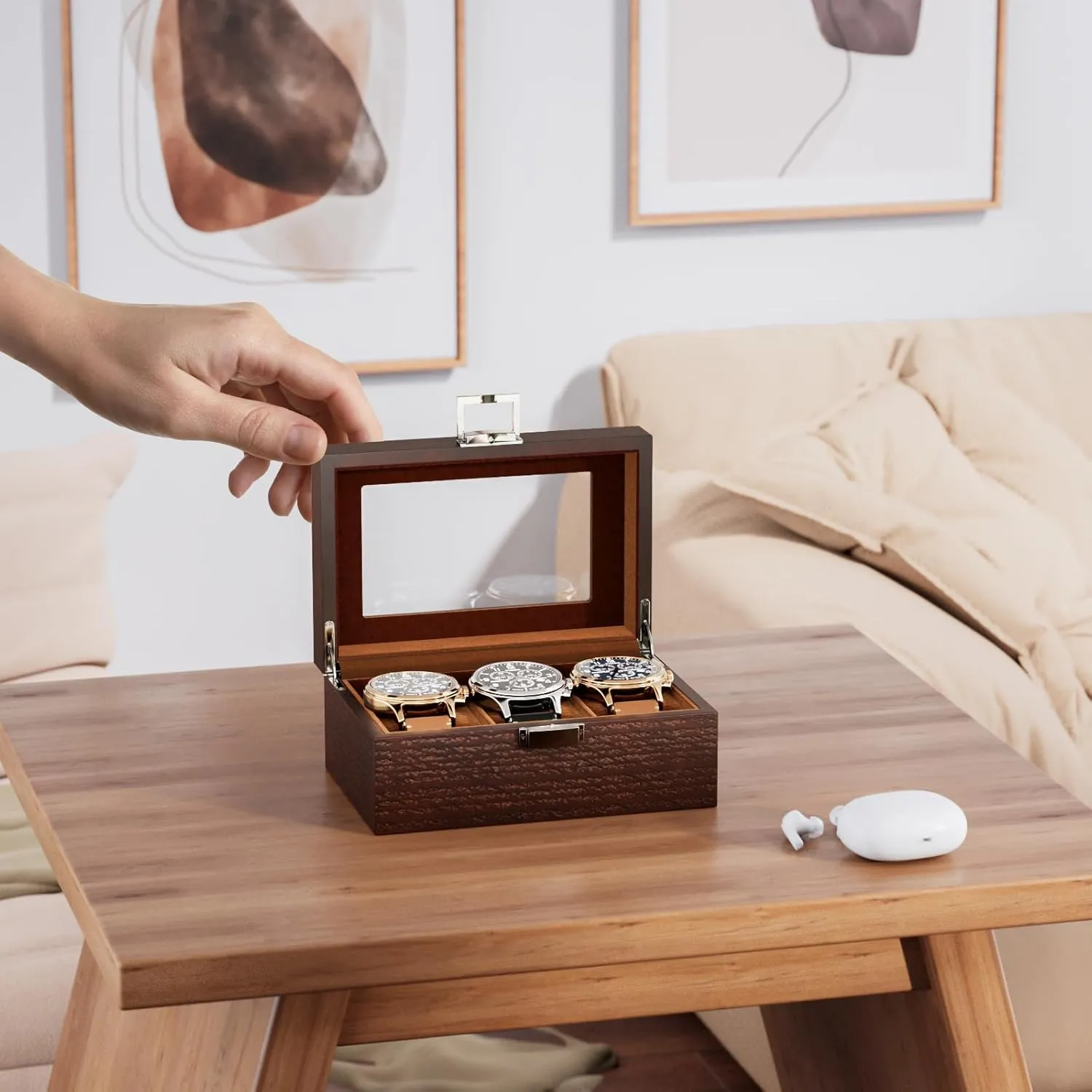 Display Case with Glass Lid - Espresso ProCase Wooden Watch Box for Men, 3 subsurface empire Slot Watch 