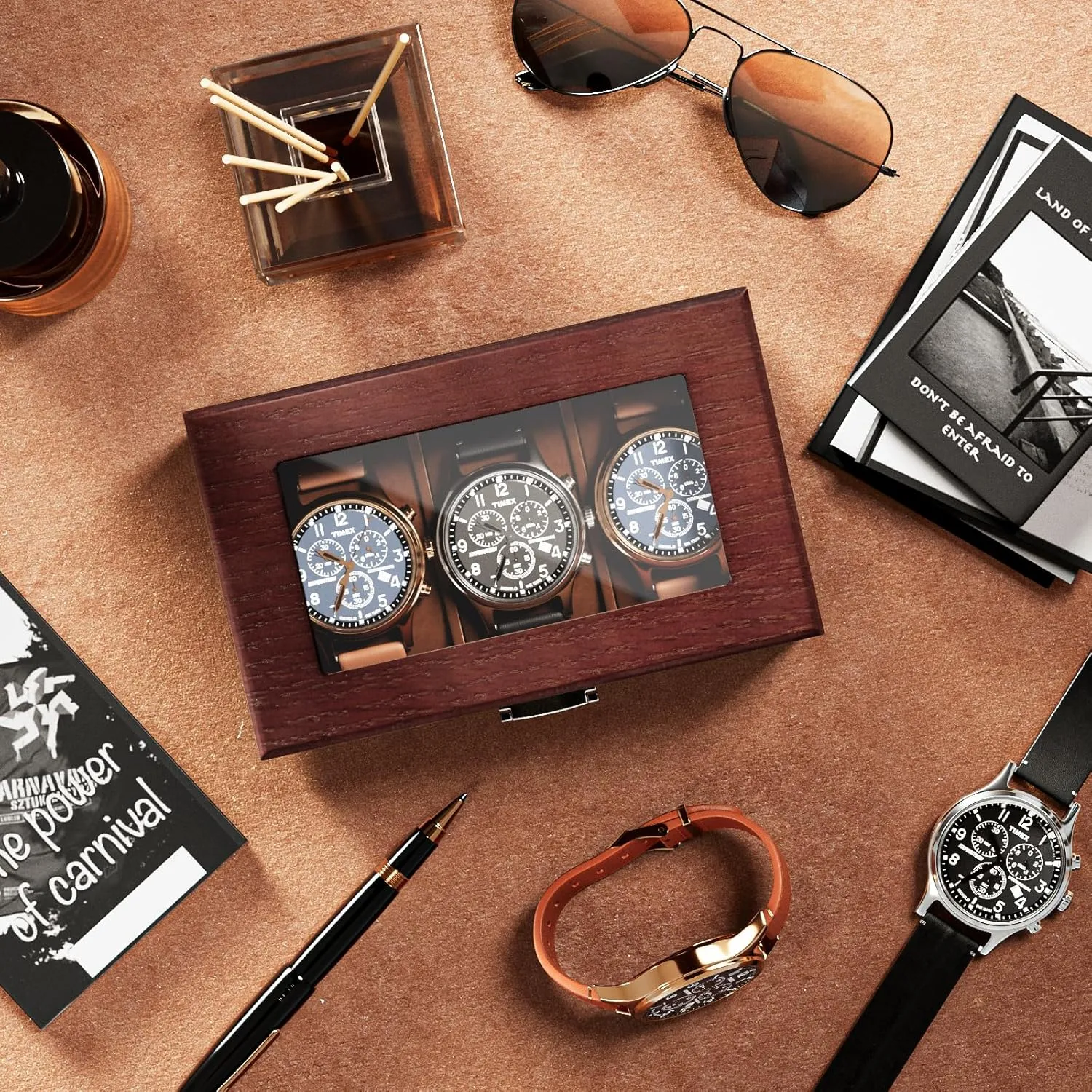 Display Case with Glass Lid - Espresso ProCase Wooden Watch Box for Men, 3 subsurface empire Slot Watch 