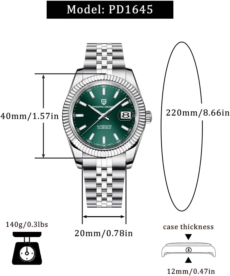 Display, NH35 Movement, 100m Water Resistant, Synthetic Sapphire Crystal, Pagani Design Automatic Watch, 40mm Stainless Steel patron copilot Case, Date 