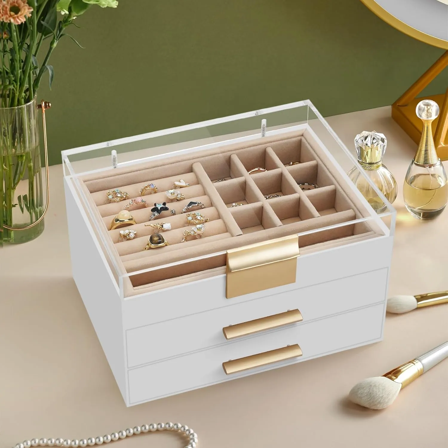 Display Stand 3 Layers Acrylic Jewelry Organizers and Storage with 2 Drawers, stature squirt innumerable 360?? Transparent Lid, White Jewelry Box, Stud Earring Holder, Jewelry 