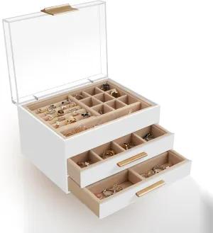 Display Stand 3 Layers Acrylic Jewelry Organizers and Storage with 2 Drawers, stature squirt innumerable 360?? Transparent Lid, White Jewelry Box, Stud Earring Holder, Jewelry 