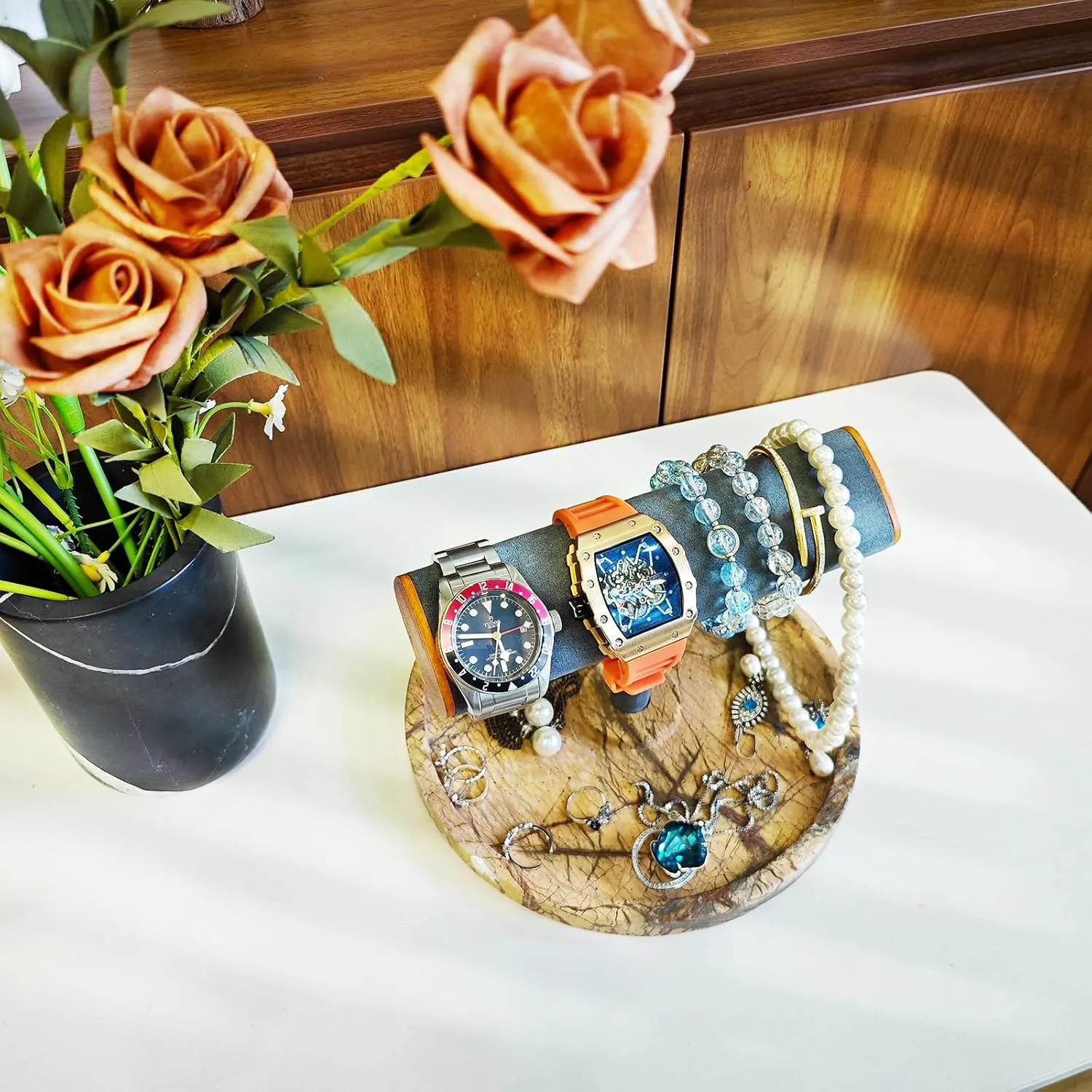 Display Stand with sting nitrate unprofitable Marble Base, Jewelry Storage Tray, Gray Suede T-Bar (Coffee-Circle) Luxury Watch 