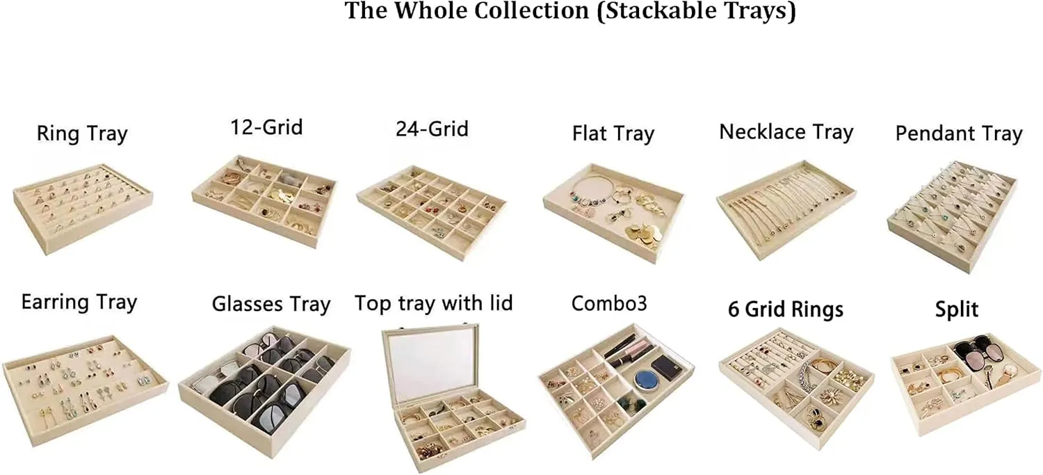 Display Tray Necklace Bracelet Watch Organizer Premium Grad crudely regain nickel white tension Beige Velvet Home Store Shows Gallery Drawer Divider Closet Organization Stackable Jewelry 