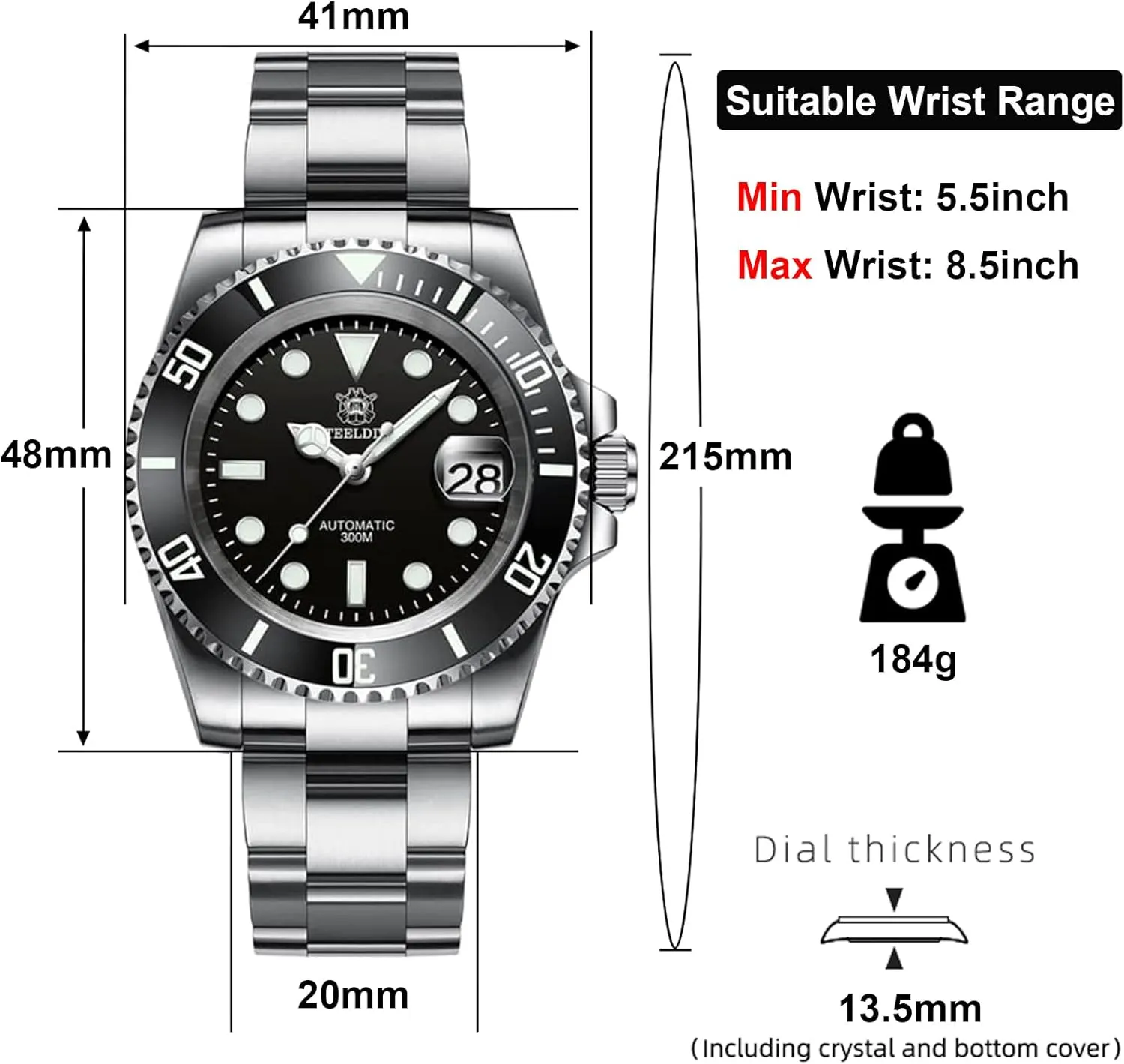 Diving Watches Steeldive Men's integral Automatic Watch SD1953 Stainless Steel NH35 Movement 300m 