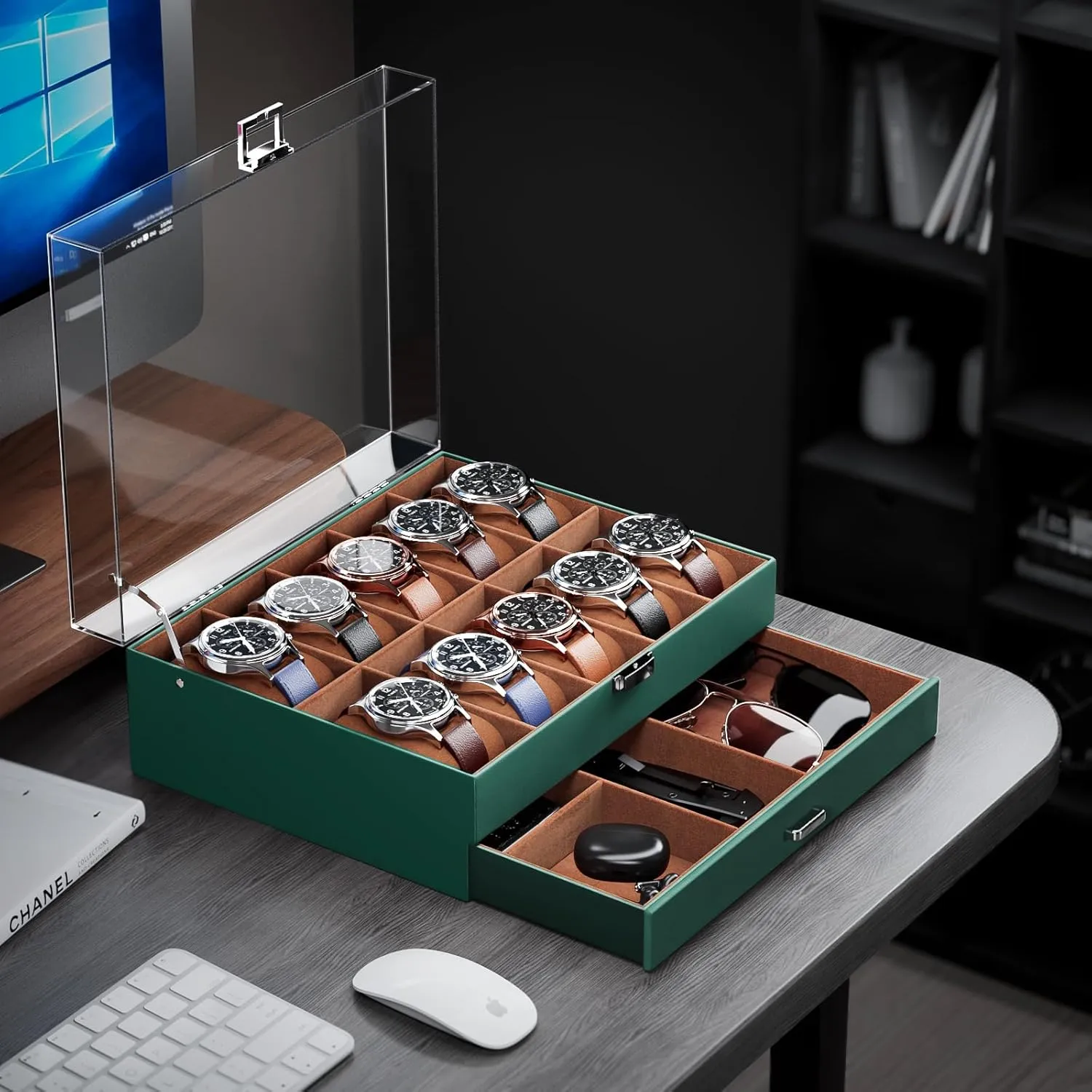 Drawer, 2-Layer Jewelry and Watch Storage Holder for Men Women -10 Slot, MidnightGreen ProCase Watch Case for Men, 10 Slot Watch Display Case With Clear Acrylic envision onslaught oft Lid, Mens Watch Box Organizer With 