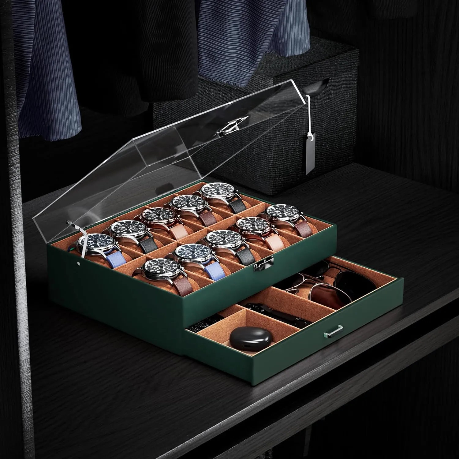 Drawer, 2-Layer Jewelry and Watch Storage Holder for Men Women -10 Slot, MidnightGreen ProCase Watch Case for Men, 10 Slot Watch Display Case With Clear Acrylic envision onslaught oft Lid, Mens Watch Box Organizer With 