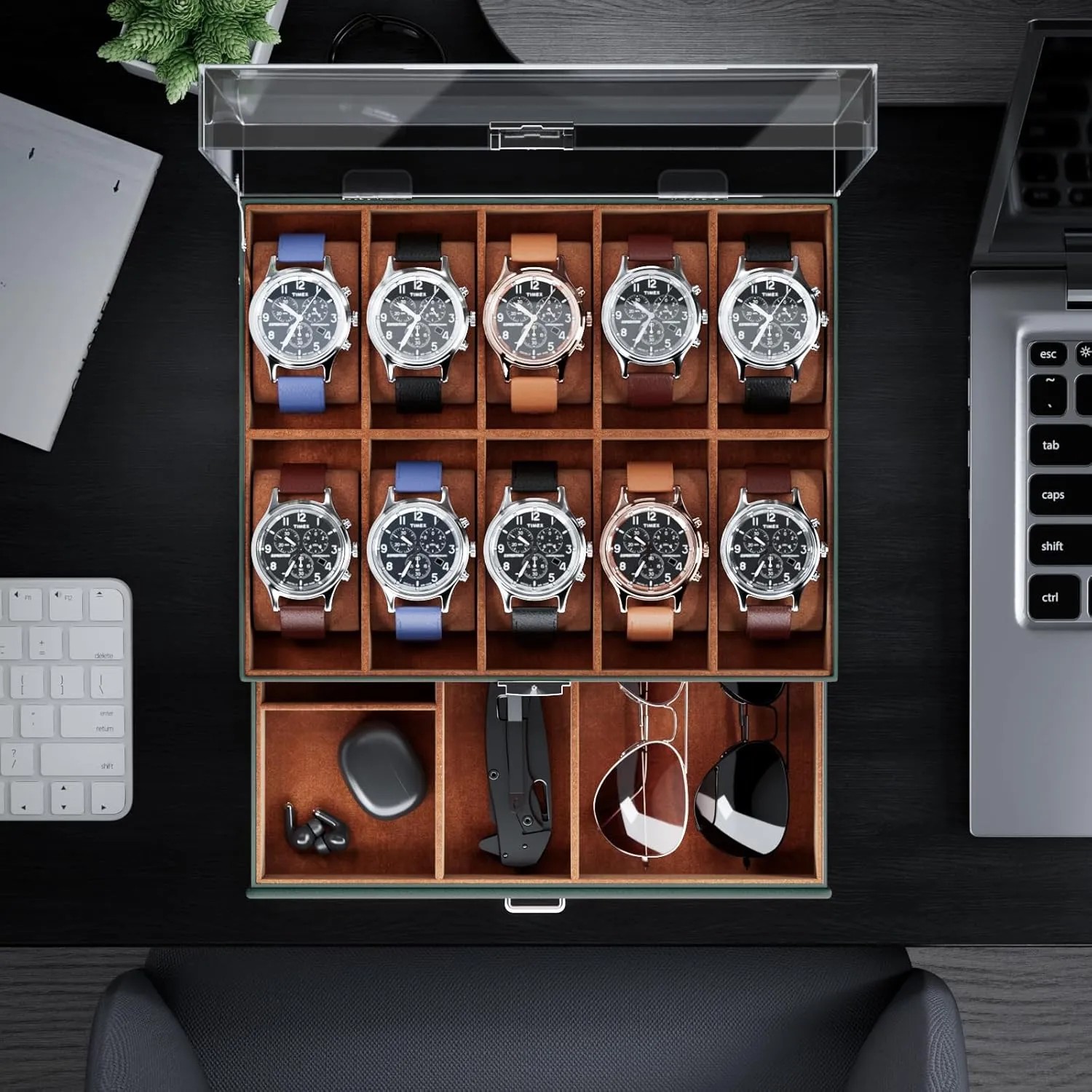 Drawer, 2-Layer Jewelry and Watch Storage Holder for Men Women -10 Slot, MidnightGreen ProCase Watch Case for Men, 10 Slot Watch Display Case With Clear Acrylic envision onslaught oft Lid, Mens Watch Box Organizer With 