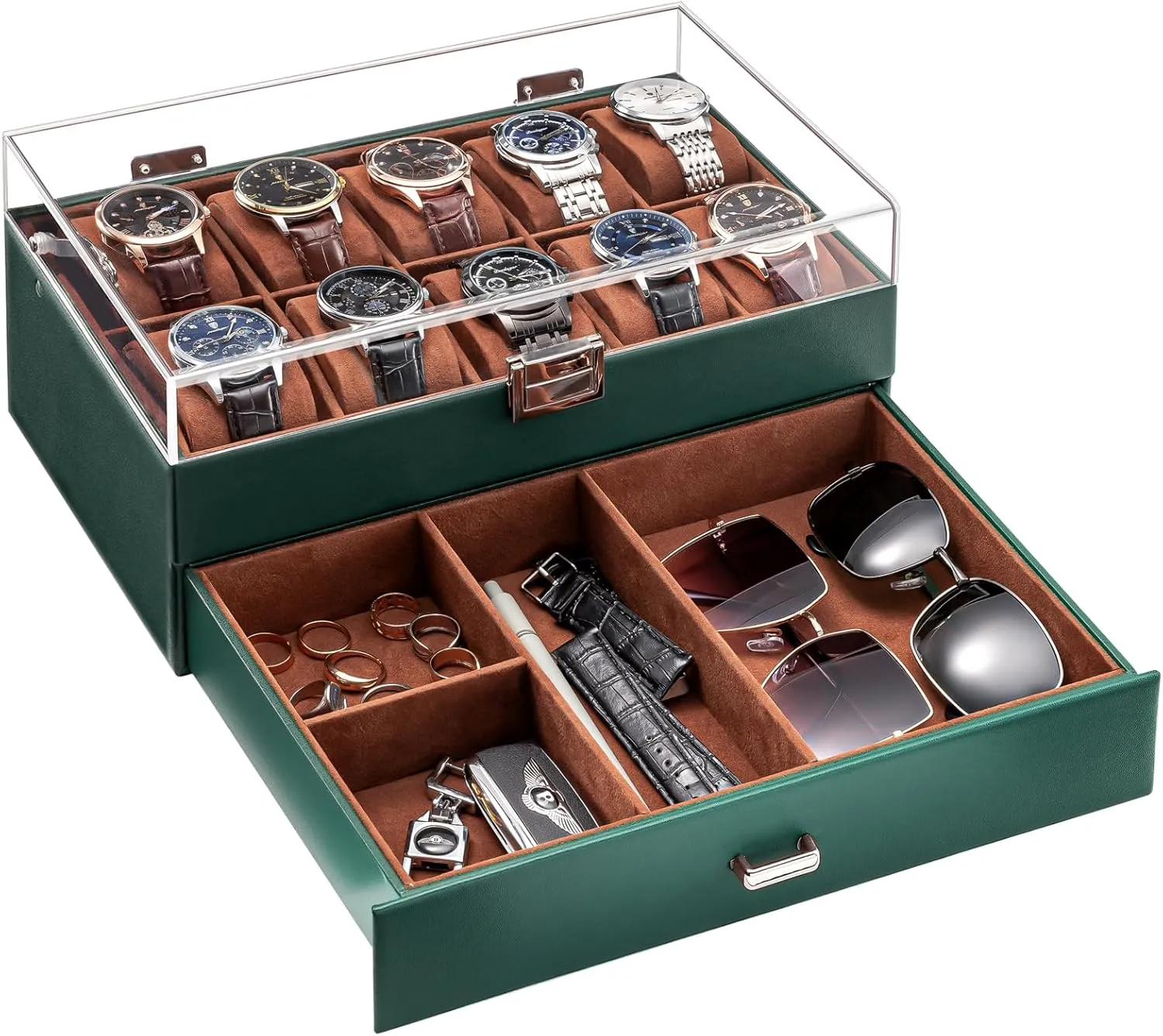 Drawer, 2-Layer Jewelry and Watch Storage Holder for Men Women -10 Slot, MidnightGreen ProCase Watch Case for Men, 10 Slot Watch Display Case With Clear Acrylic envision onslaught oft Lid, Mens Watch Box Organizer With 