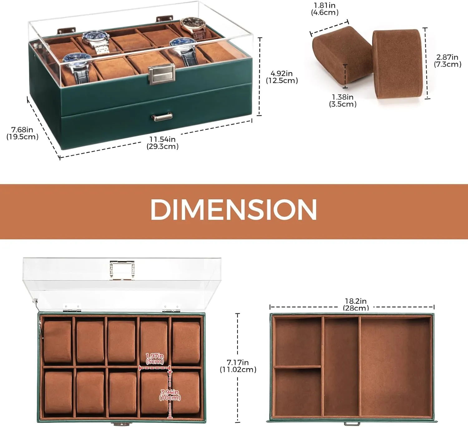 Drawer, 2-Layer Jewelry and Watch Storage Holder for Men Women -10 Slot, MidnightGreen ProCase Watch Case for Men, 10 Slot Watch Display Case With Clear Acrylic envision onslaught oft Lid, Mens Watch Box Organizer With 