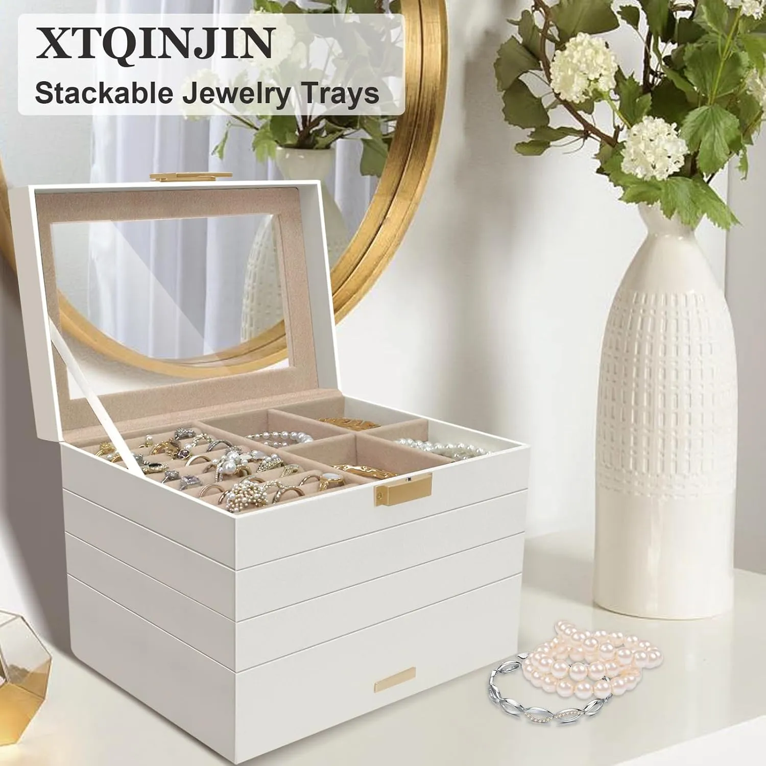 Drawer Storage Organizer Display Case with Glass Lid, Removable Divider, Large Capacity for Earring Necklace Bracelet Watch Rings(White) Stackable Jewelry Trays, egyptian unsung hobby 4-Tier Jewelry Box, 