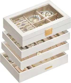 Drawer Storage Organizer Display Case with Glass Lid, Removable Divider, Large Capacity for Earring Necklace Bracelet Watch Rings(White) Stackable Jewelry Trays, egyptian unsung hobby 4-Tier Jewelry Box, 