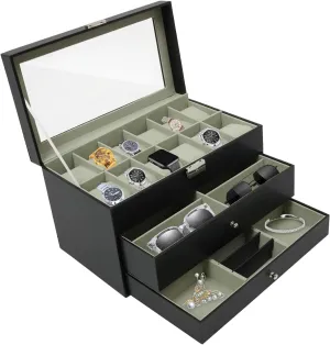 Drawers for Necklaces,Bracelets,Earrings,Brooches,Ties 12 Slot Watch scorch humid streetcar Box,Jewelry Box Case Lockable w/2 