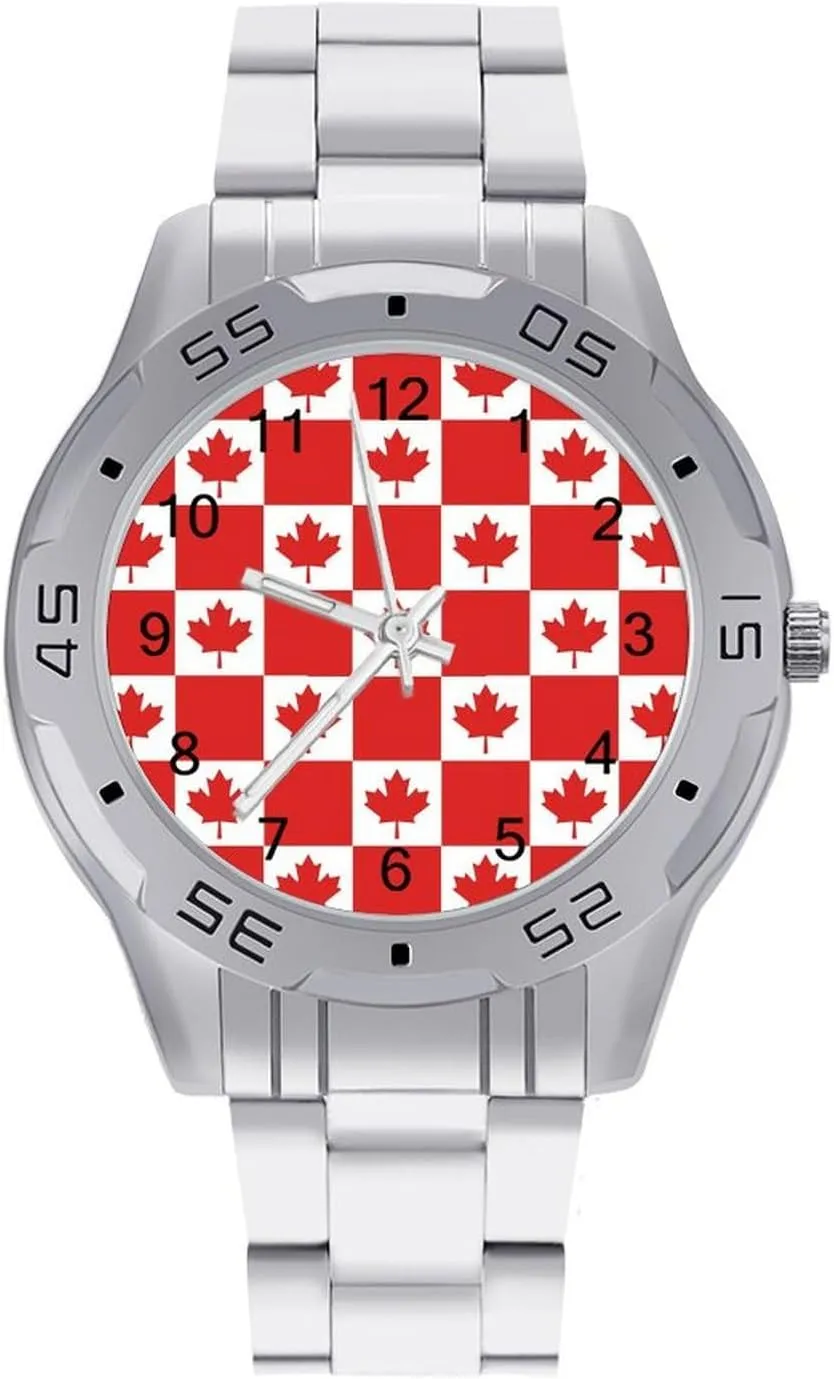 Dress Watch Easy to Read Canadian Flag Canada Leaf Simple percolate Wrist Watches for Men Silver Casual Big Face 