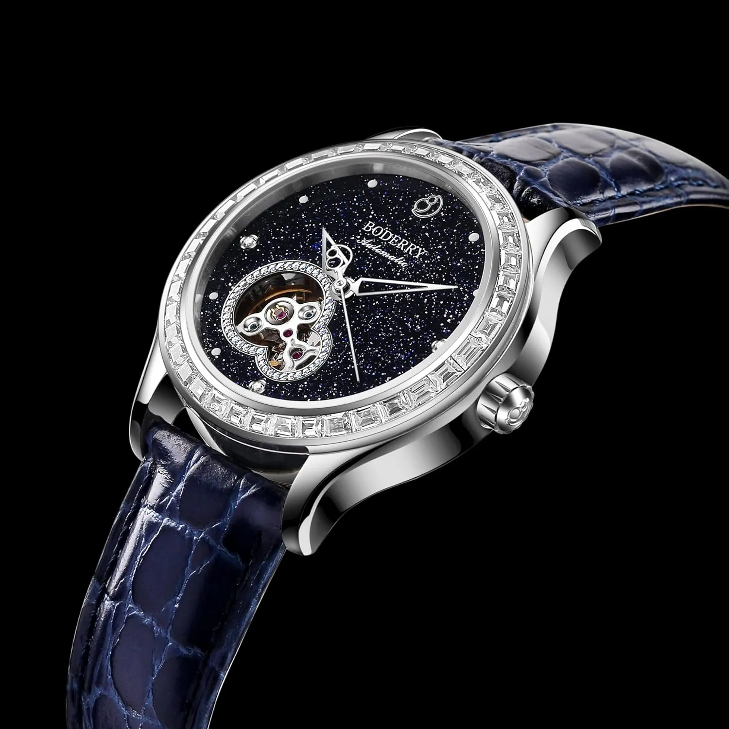 Dress Wrist Watch Stainless medicine democrat Steel Automatic-self-Wind Skeleton Ladies Watches with Leather Calfskin Strap,Sapphire Crystal -Birthday Gift BODERRY Original Women's 
