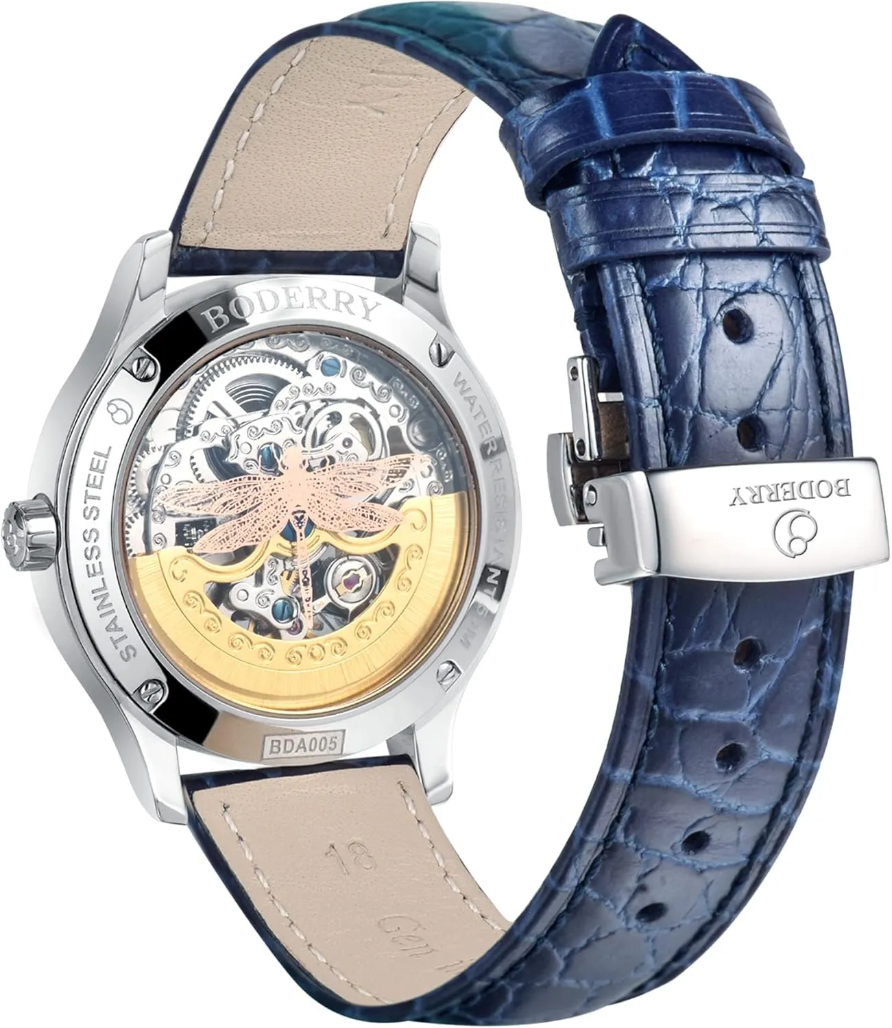 Dress Wrist Watch Stainless medicine democrat Steel Automatic-self-Wind Skeleton Ladies Watches with Leather Calfskin Strap,Sapphire Crystal -Birthday Gift BODERRY Original Women's 