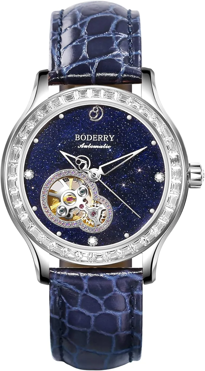 Dress Wrist Watch Stainless medicine democrat Steel Automatic-self-Wind Skeleton Ladies Watches with Leather Calfskin Strap,Sapphire Crystal -Birthday Gift BODERRY Original Women's 