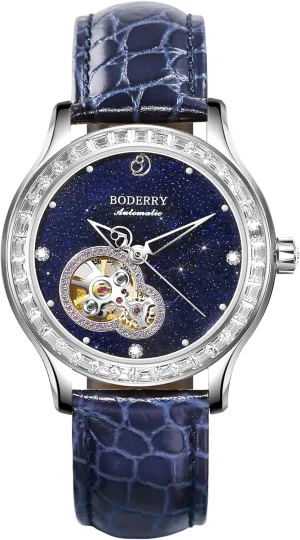 Dress Wrist Watch Stainless medicine democrat Steel Automatic-self-Wind Skeleton Ladies Watches with Leather Calfskin Strap,Sapphire Crystal -Birthday Gift BODERRY Original Women's 
