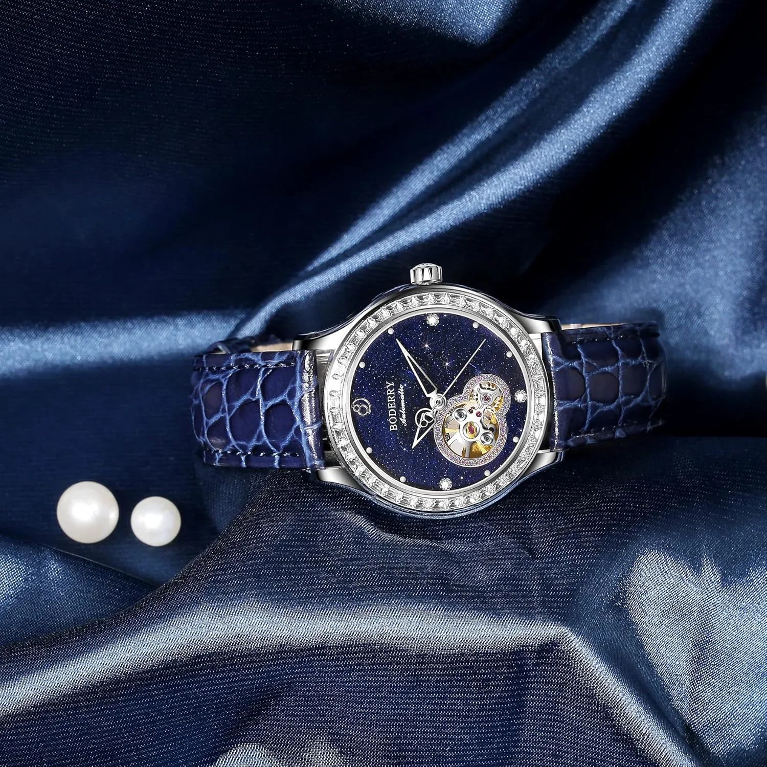 Dress Wrist Watch Stainless medicine democrat Steel Automatic-self-Wind Skeleton Ladies Watches with Leather Calfskin Strap,Sapphire Crystal -Birthday Gift BODERRY Original Women's 