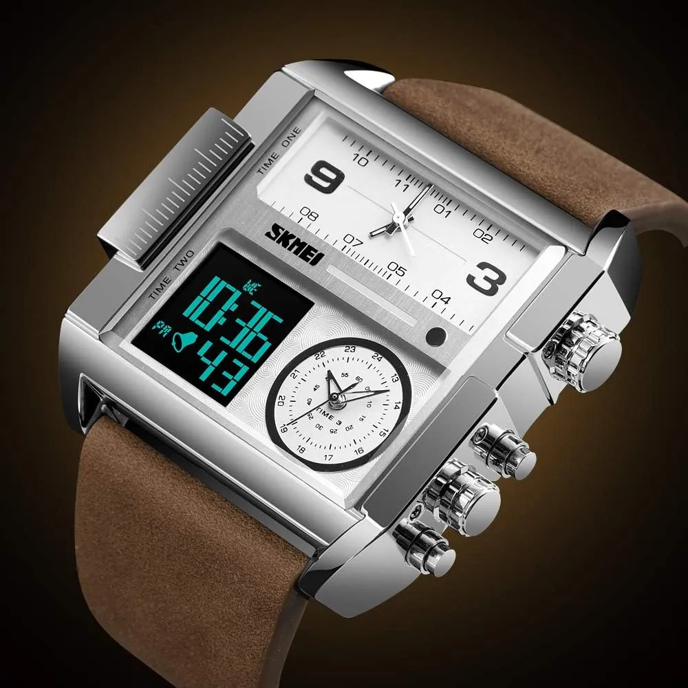 Dual Display Large Dial Luminous Stopwatch Alarm Quartz wear Waterproof Male Wristwatch Gosasa Fashion Men Watches Multi-Time Zone Sport Square Watch 