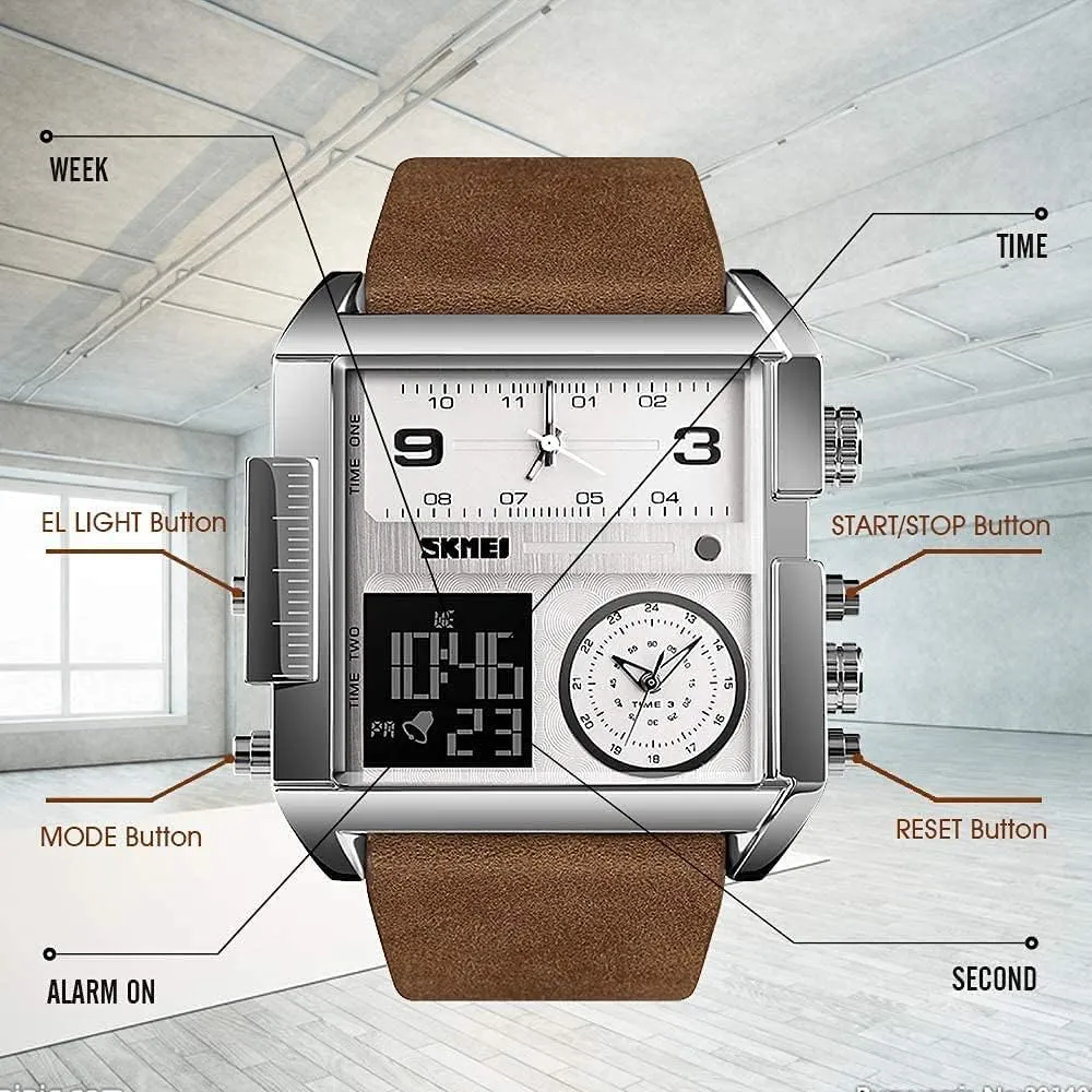Dual Display Large Dial Luminous Stopwatch Alarm Quartz wear Waterproof Male Wristwatch Gosasa Fashion Men Watches Multi-Time Zone Sport Square Watch 