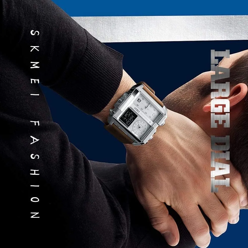Dual Display Large Dial Luminous Stopwatch Alarm Quartz wear Waterproof Male Wristwatch Gosasa Fashion Men Watches Multi-Time Zone Sport Square Watch 