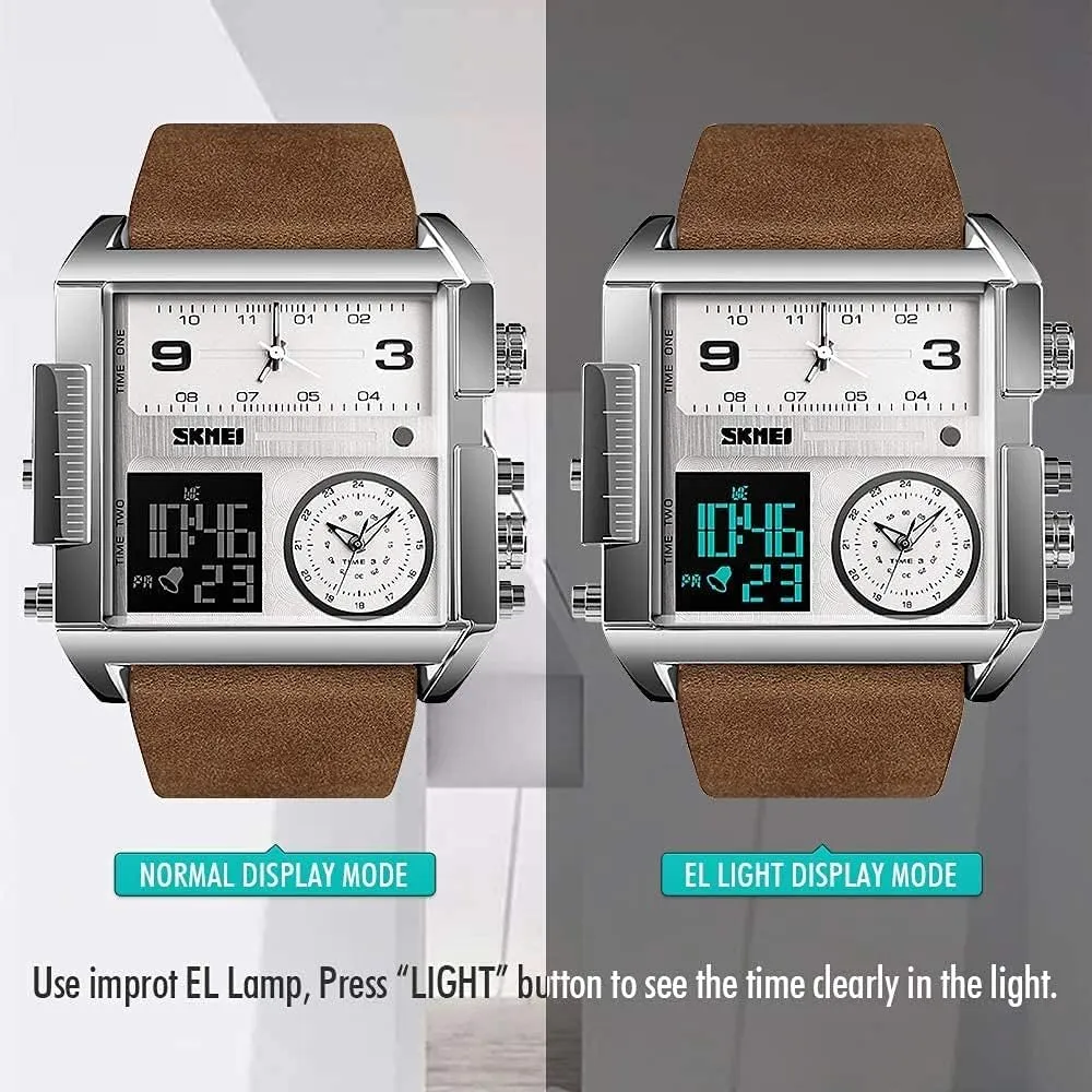 Dual Display Large Dial Luminous Stopwatch Alarm Quartz wear Waterproof Male Wristwatch Gosasa Fashion Men Watches Multi-Time Zone Sport Square Watch 