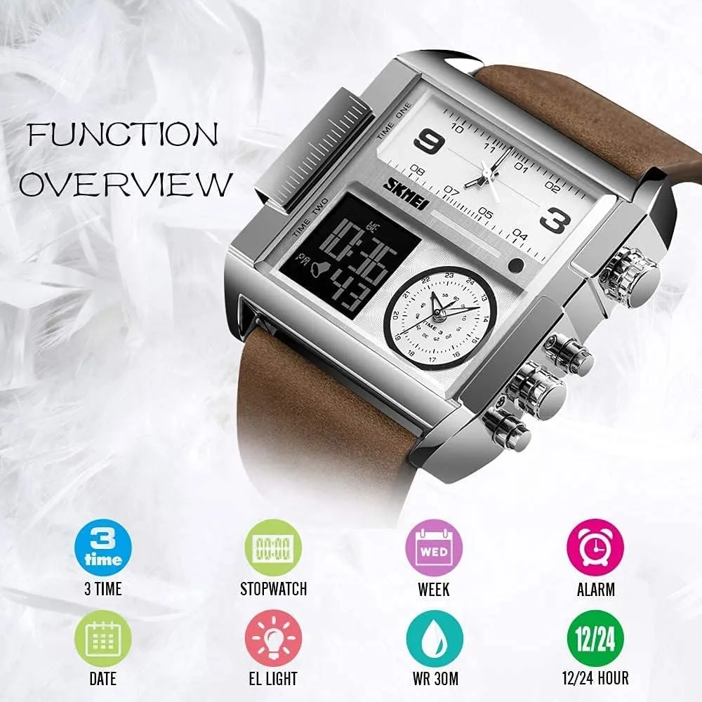 Dual Display Large Dial Luminous Stopwatch Alarm Quartz wear Waterproof Male Wristwatch Gosasa Fashion Men Watches Multi-Time Zone Sport Square Watch 