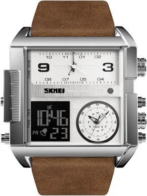 Dual Display Large Dial Luminous Stopwatch Alarm Quartz wear Waterproof Male Wristwatch Gosasa Fashion Men Watches Multi-Time Zone Sport Square Watch 