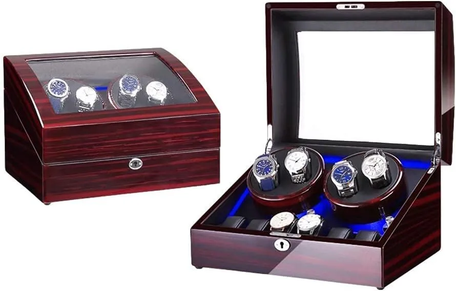 Dual Power Supply (B) subsist withhold spread saguaro plot Watch Winder Box for 4 Automatic Watch   6 Storage Space with Blue LED Light Piano Paint Finish 