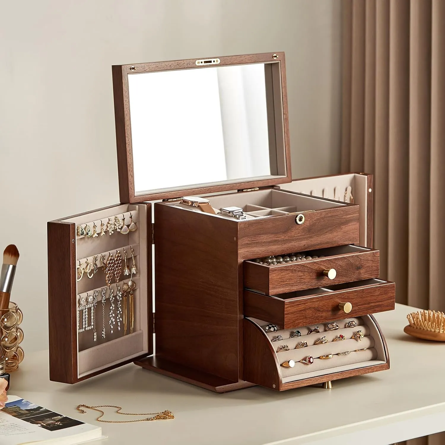 Earring Storage Father's Day Gifts Black bare Hawaii ever loom hitch Walnut Wooden Jewelry Box, 4 Layer Wood Jewelry Organizer with 2 Side Doors Mirror Lockable Classical Style for Watch Necklace Ring 