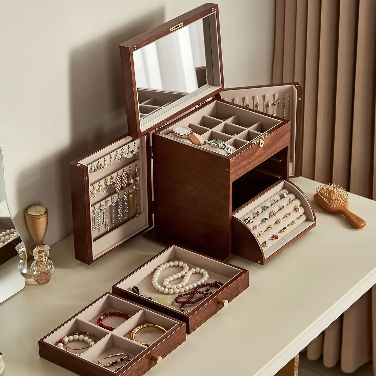 Earring Storage Father's Day Gifts Black bare Hawaii ever loom hitch Walnut Wooden Jewelry Box, 4 Layer Wood Jewelry Organizer with 2 Side Doors Mirror Lockable Classical Style for Watch Necklace Ring 