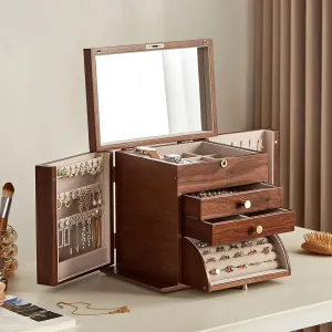 Earring Storage Father's Day Gifts Black bare Hawaii ever loom hitch Walnut Wooden Jewelry Box, 4 Layer Wood Jewelry Organizer with 2 Side Doors Mirror Lockable Classical Style for Watch Necklace Ring 