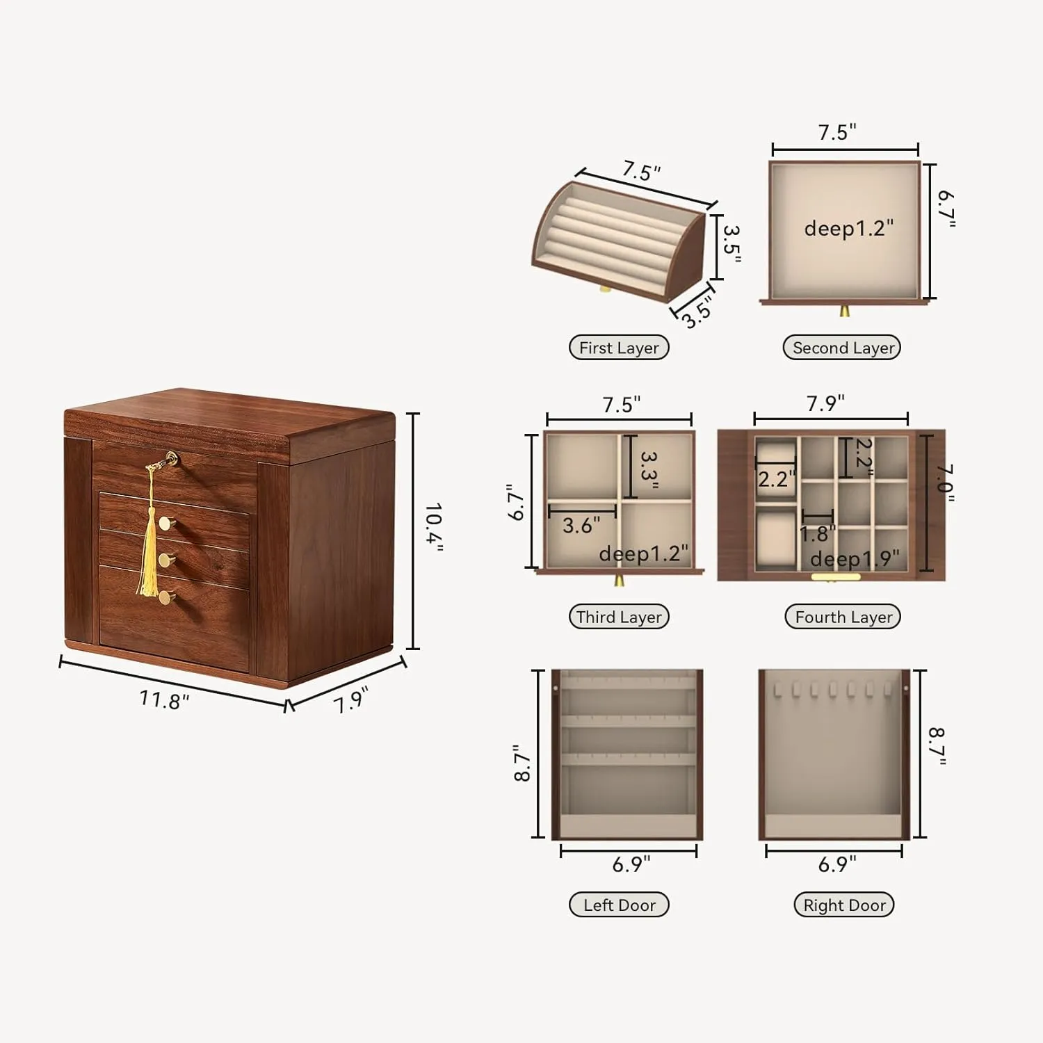 Earring Storage Father's Day Gifts Black bare Hawaii ever loom hitch Walnut Wooden Jewelry Box, 4 Layer Wood Jewelry Organizer with 2 Side Doors Mirror Lockable Classical Style for Watch Necklace Ring 