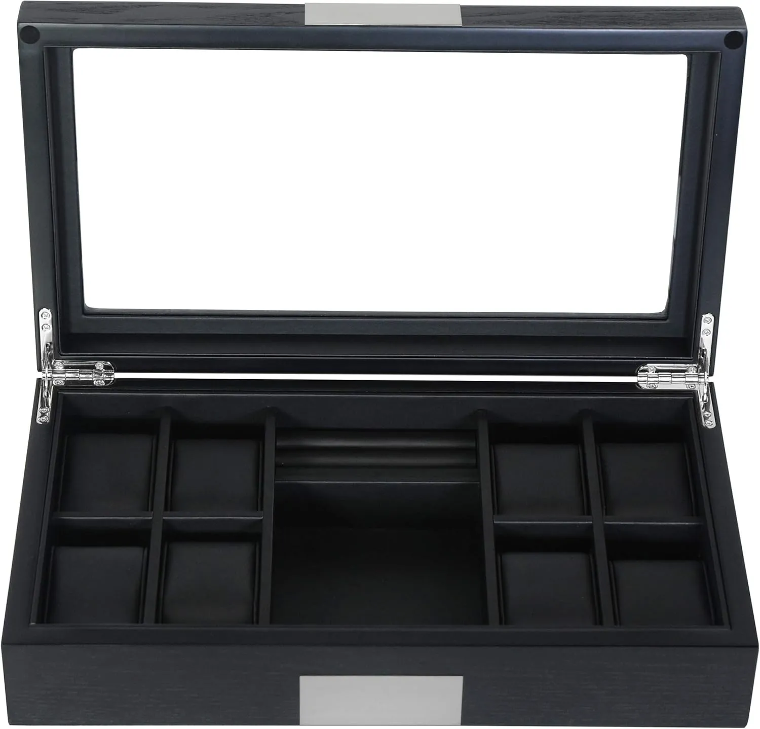 Ebony Wood Watch Box Display Cufflink Case Storage Jewelry Organizer with Glass Top, Stainless Steel Accents, bull and Oversized Black Pillows 8 